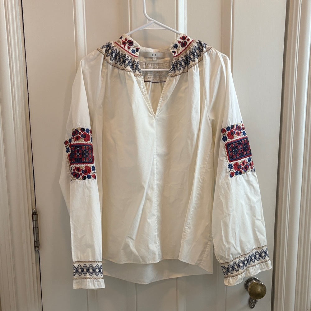 Tibi Cream Blouse with Red and Blue Embroidery
